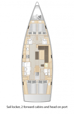 508 - Sail locker, 2 forward cabins and head on port