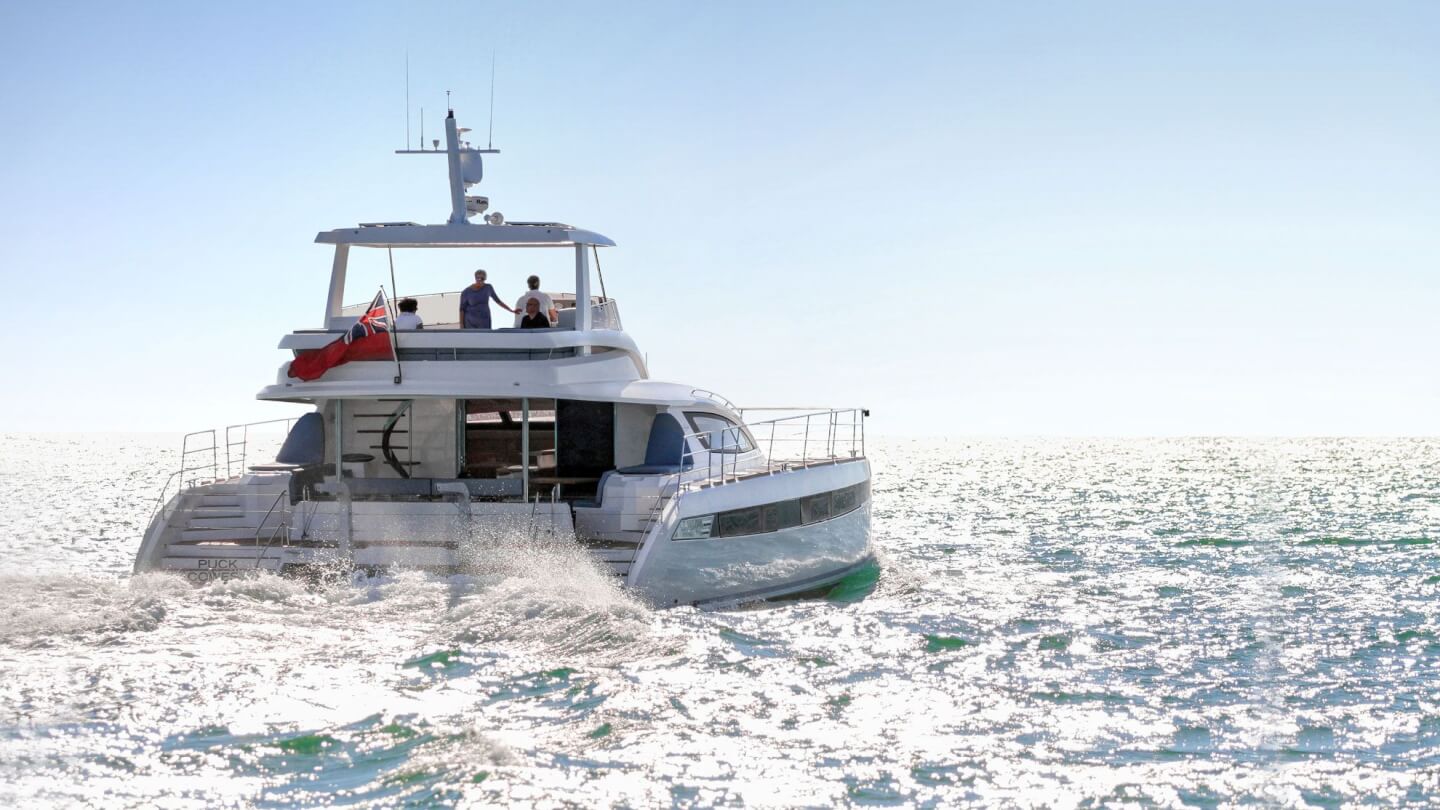 New luxury motor catamaran on the open water offshore